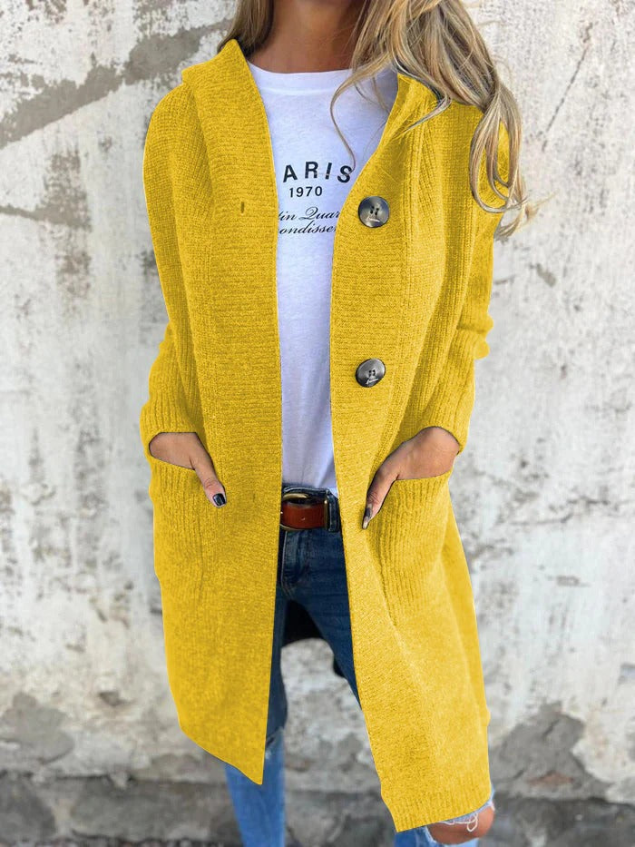 Damen Longcardigan in Rippstrick mit Kapuze in Gelb