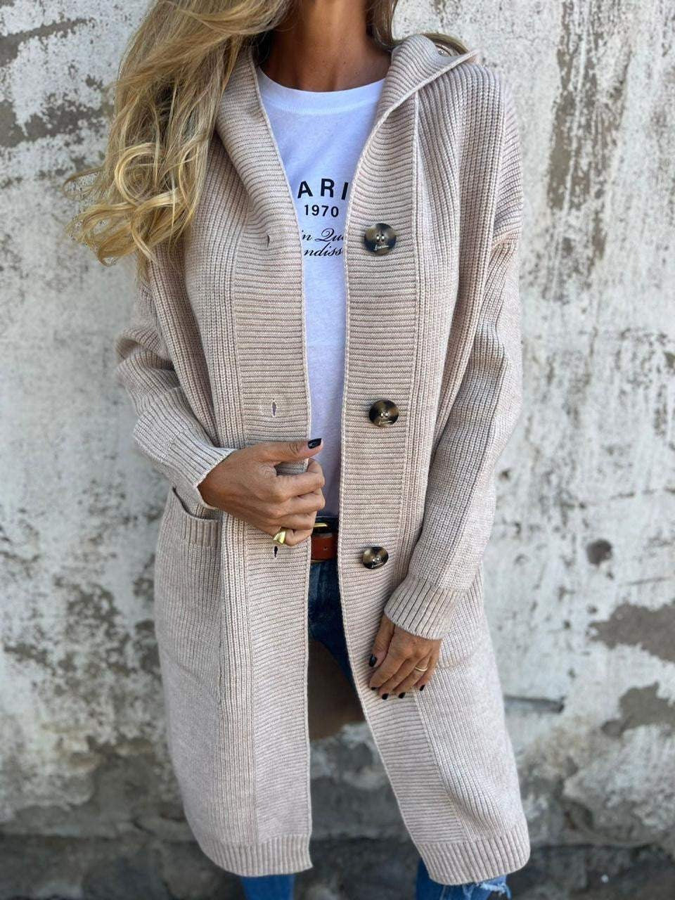 Damen Longcardigan in Rippstrick mit Kapuze in Beige
