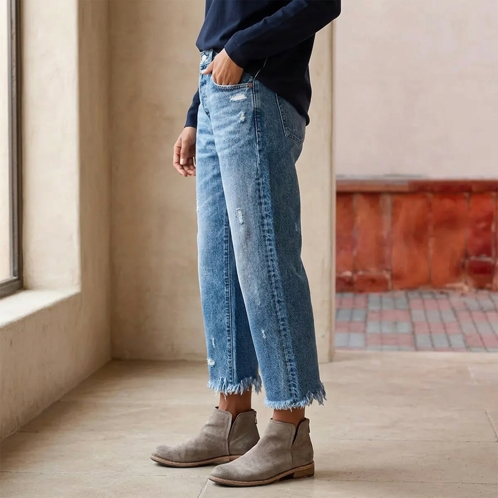 Jeans mit geradem Bein und Fransensaum für Damen