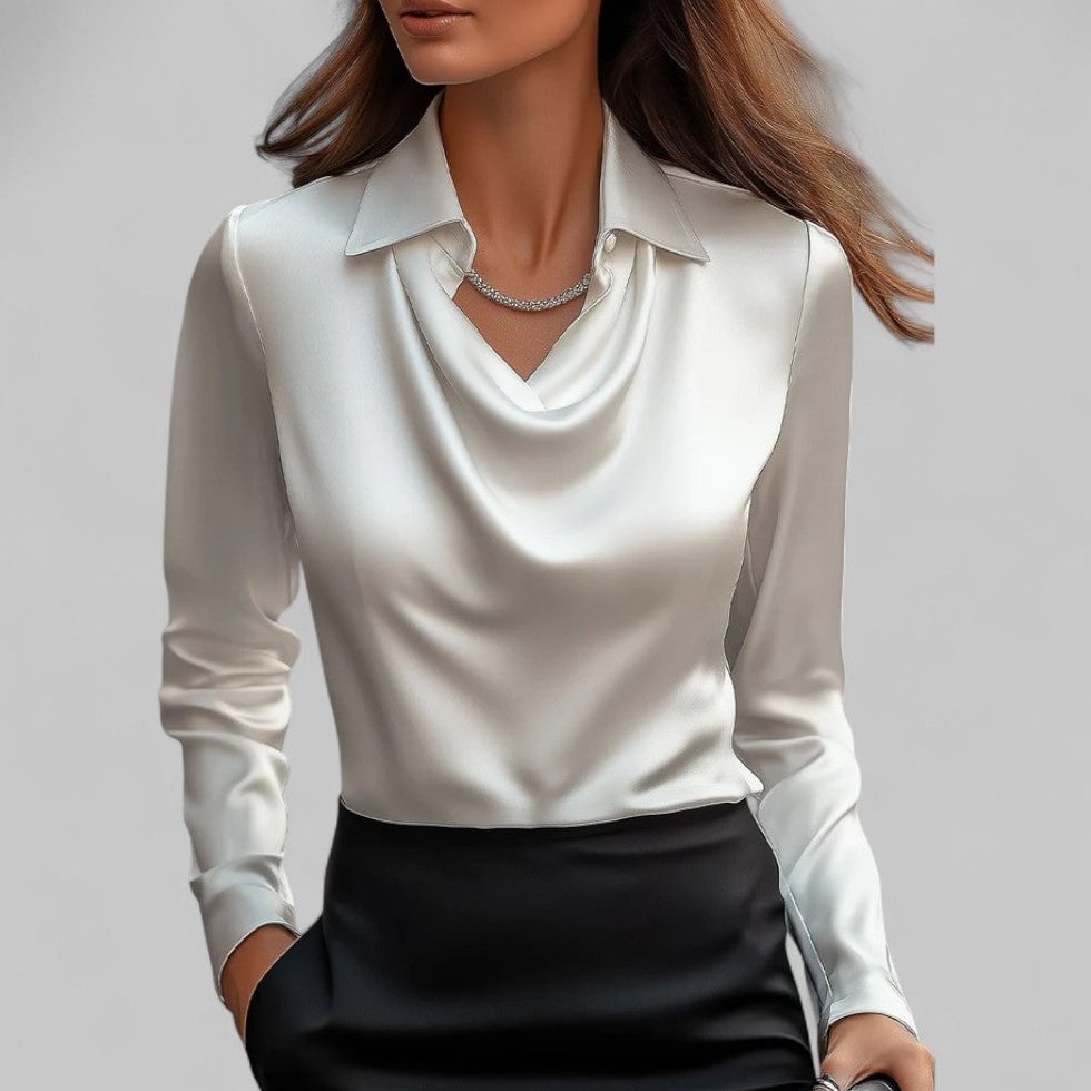Bluse Damen Satin mit Wasserfallausschnitt und Manschetten