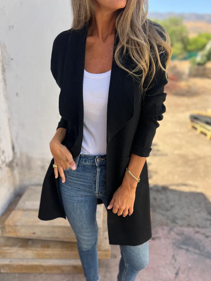 Damen Langer Cardigan mit Schalkragen und Taschen in Schwarz
