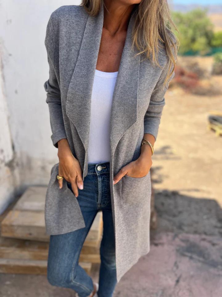Damen Langer Cardigan mit Schalkragen und Taschen in Grau