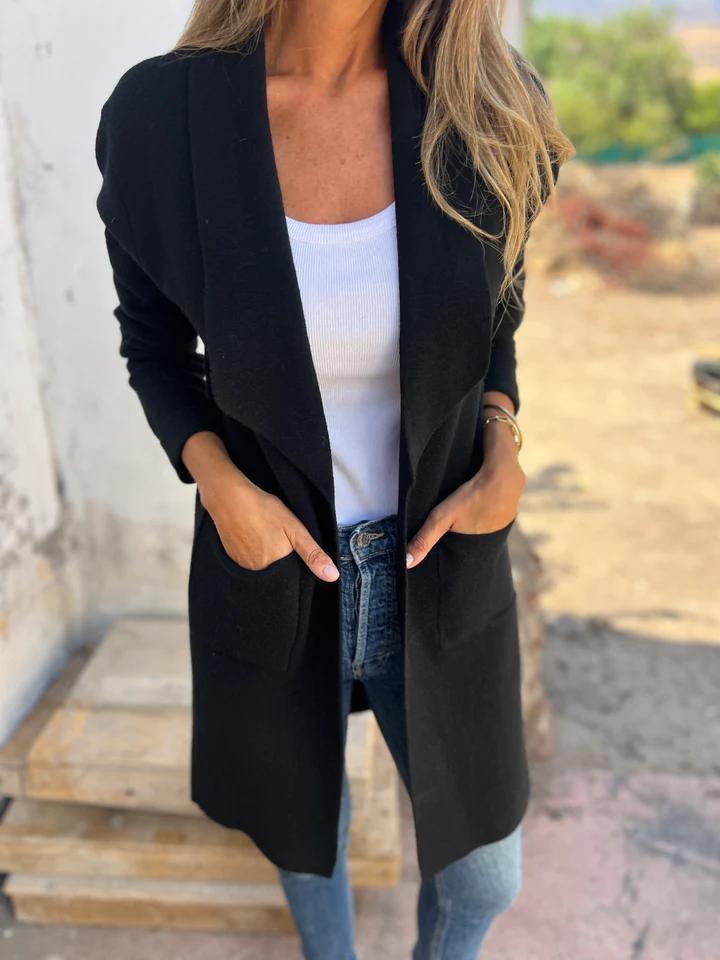 Damen Langer Cardigan mit Schalkragen und Taschen in Schwarz