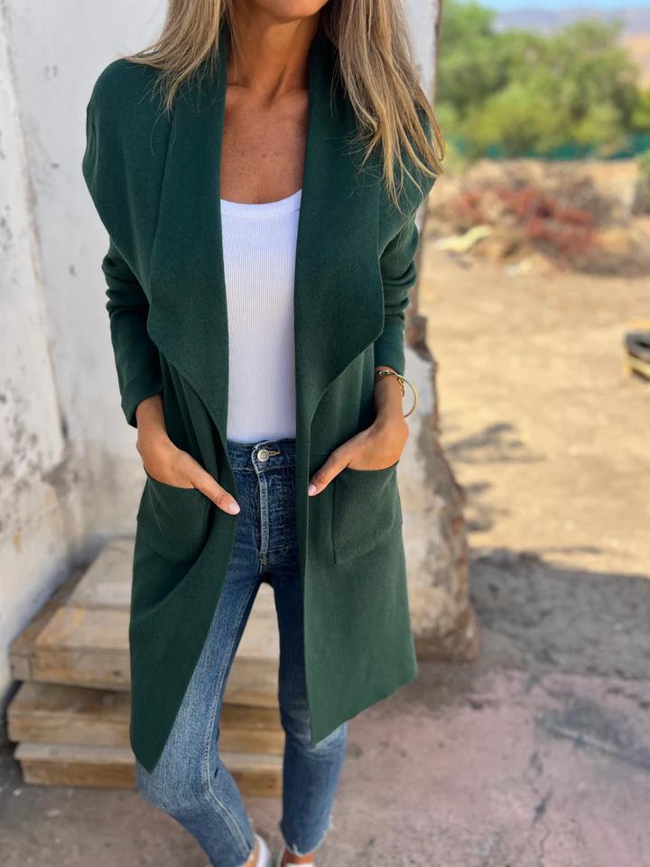 Damen Langer Cardigan mit Schalkragen und Taschen in Dunkelgrün
