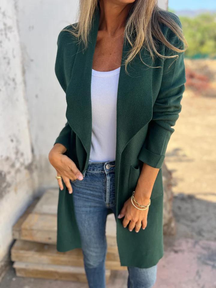 Damen Langer Cardigan mit Schalkragen und Taschen in Dunkelgrün
