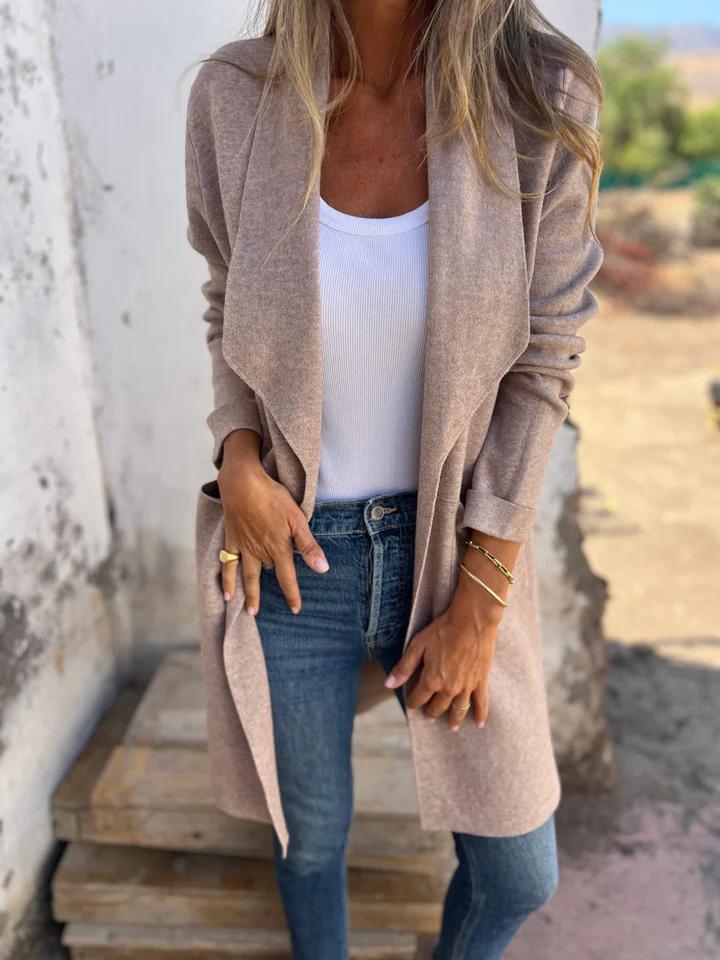 Damen Langer Cardigan mit Schalkragen und Taschen in Aprikose