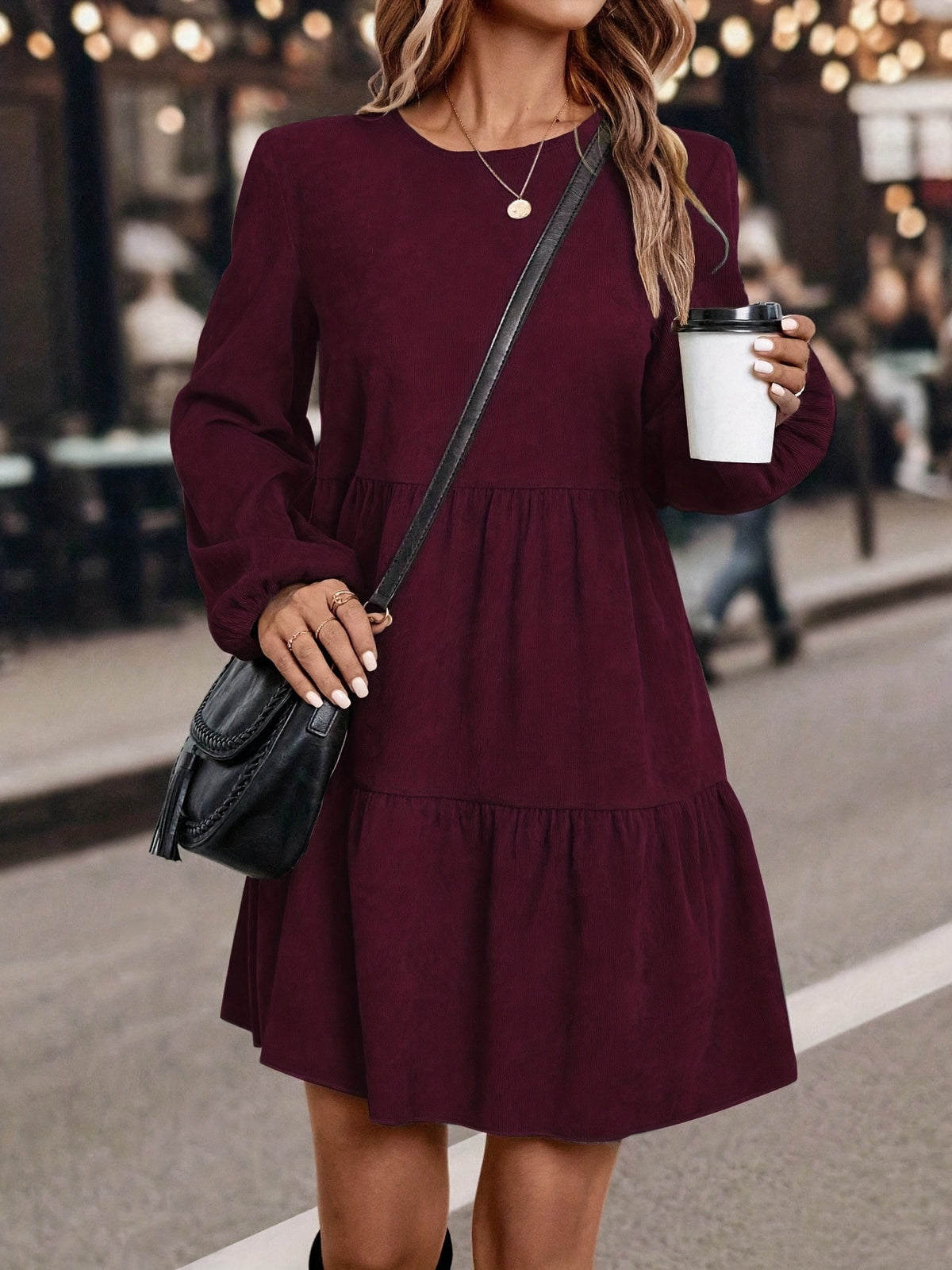 Kleid in Cordoptik mit A-Linie und Rundhals für Damen