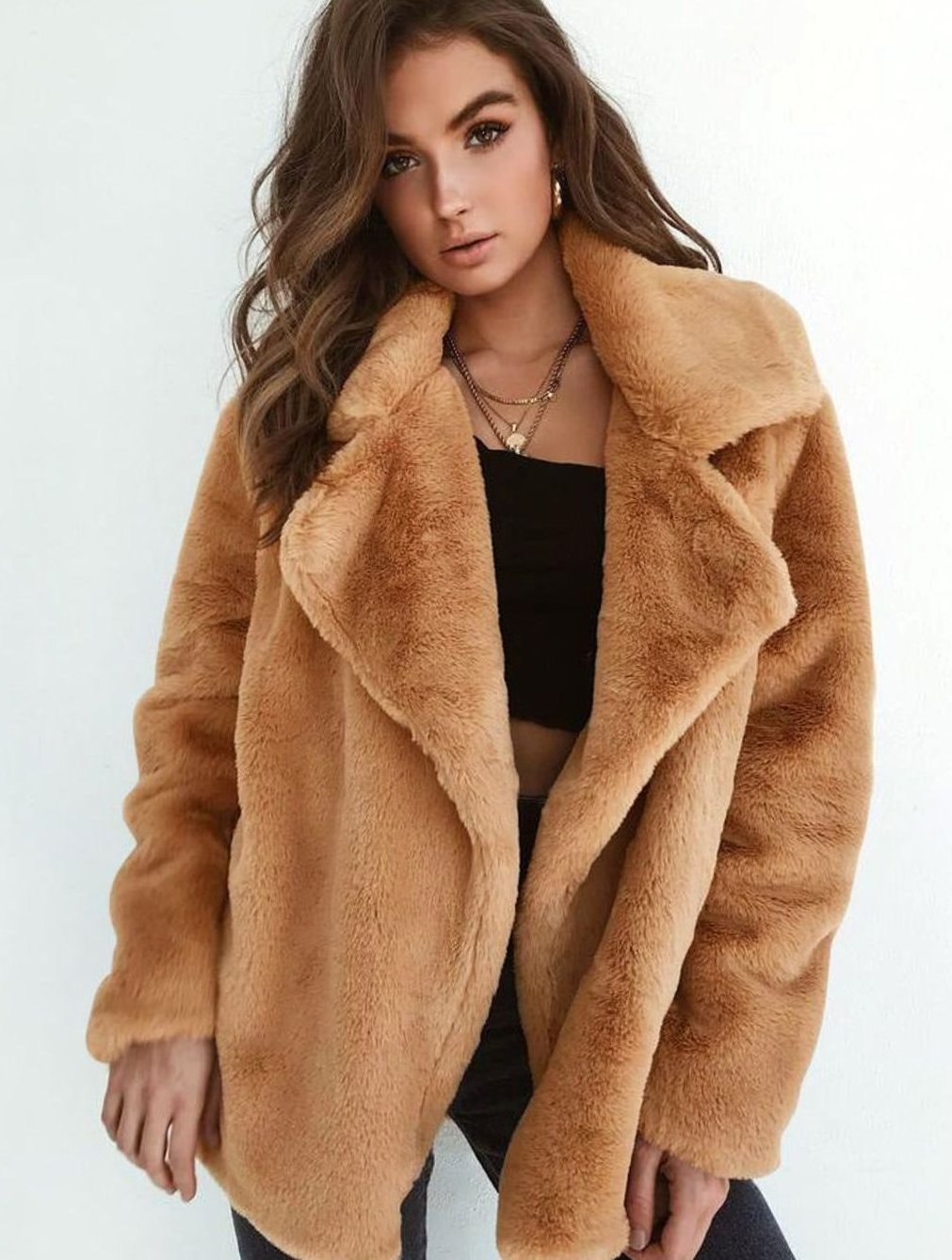 Wintermantel Damen Kunstpelzmantel Oversized Teddyfell Reverskragen