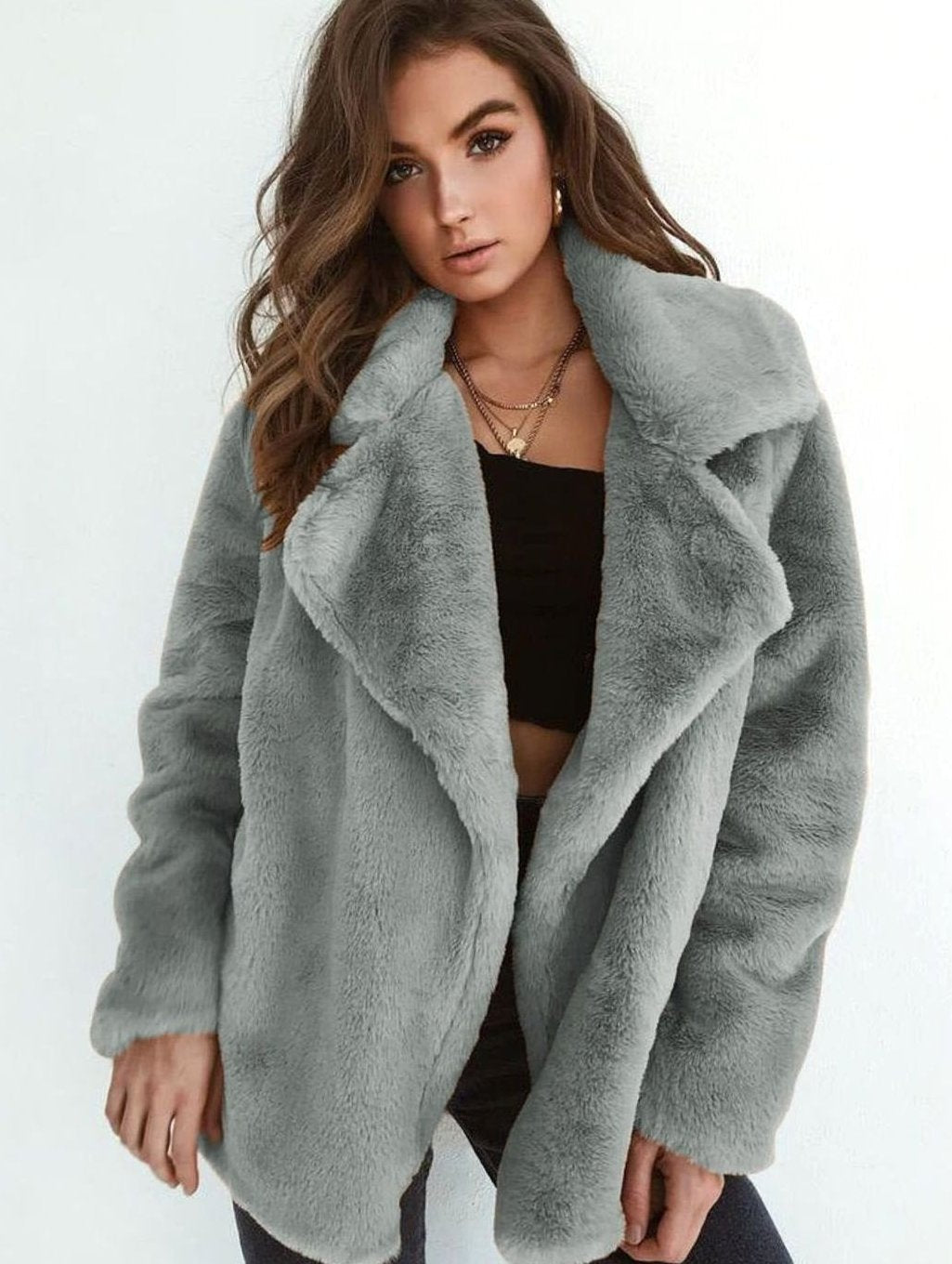 Wintermantel Damen Kunstpelzmantel Oversized Teddyfell Reverskragen