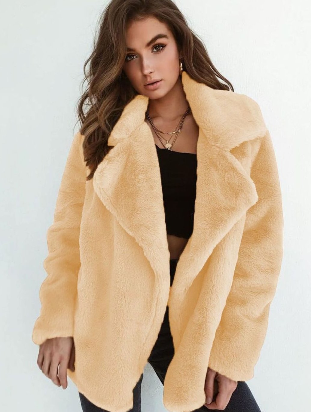 Wintermantel Damen Kunstpelzmantel Oversized Teddyfell Reverskragen