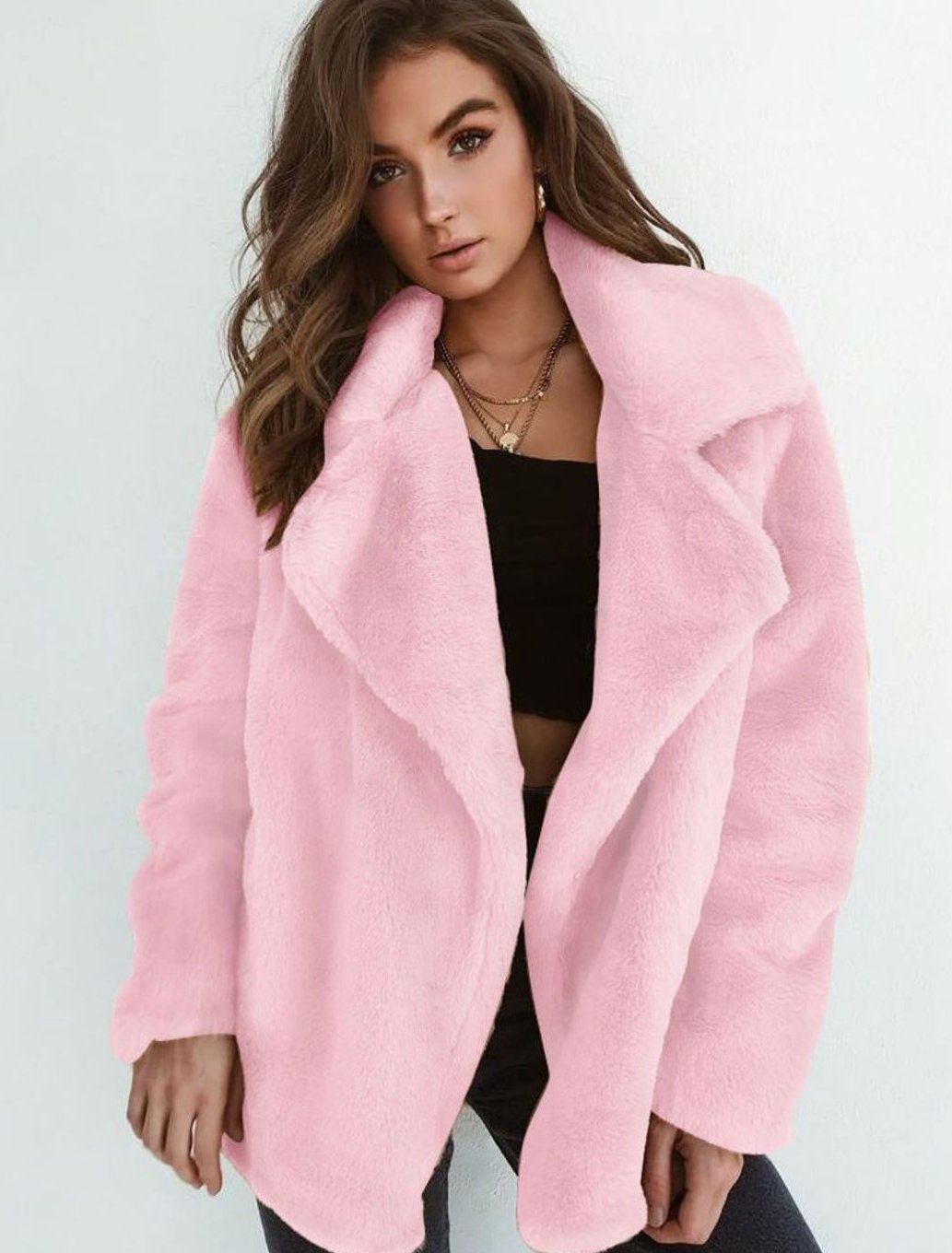 Wintermantel Damen Kunstpelzmantel Oversized Teddyfell Reverskragen