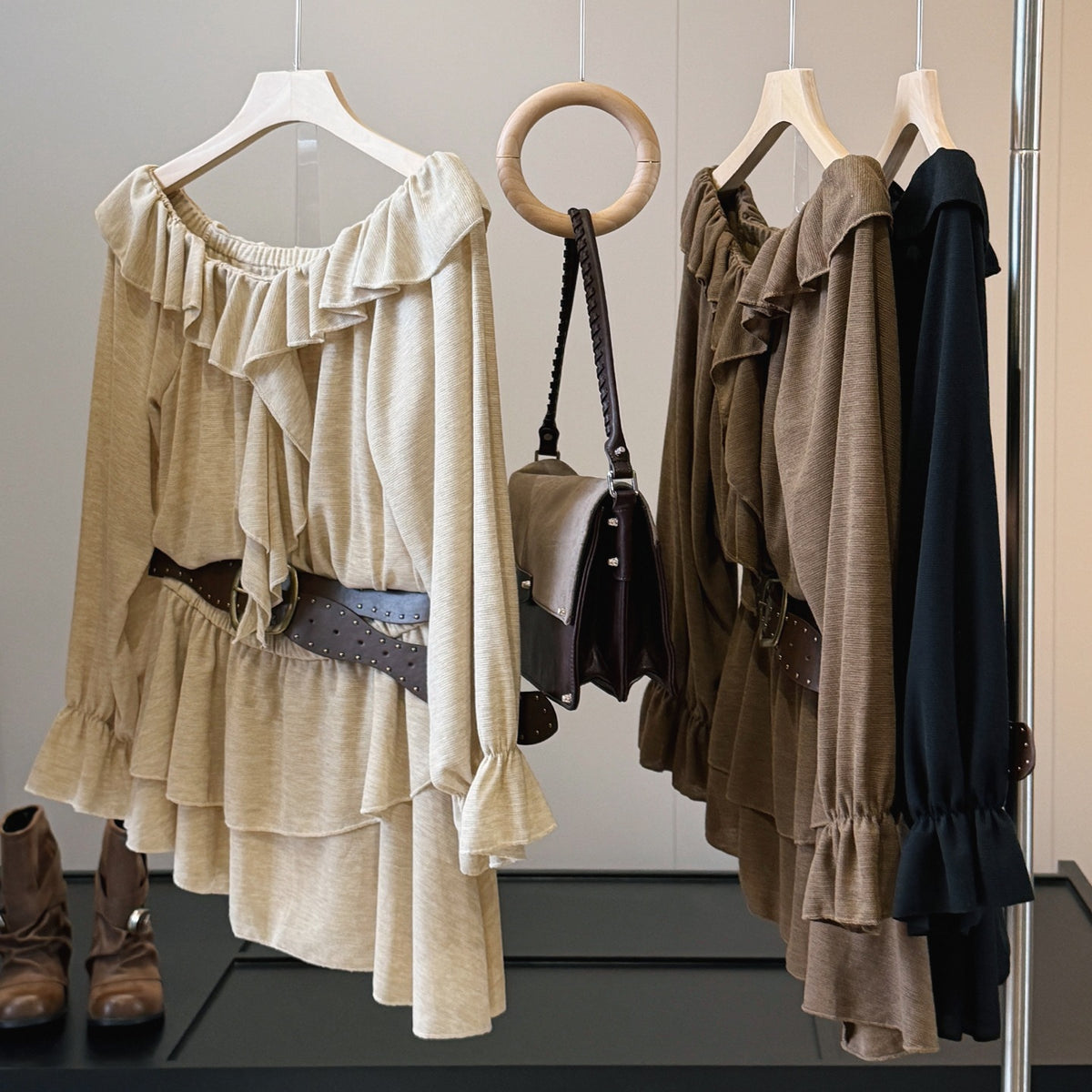 Kleid mit A-Linie und Laternenärmeln für Damen in Aprikose