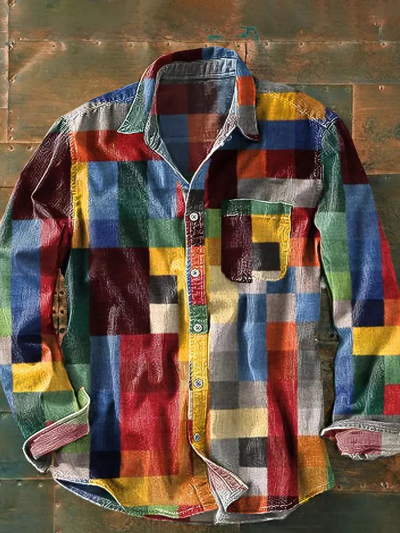 Langarmhemd mit Patchwork-Muster und lockerem Schnitt für Herren in Bunt