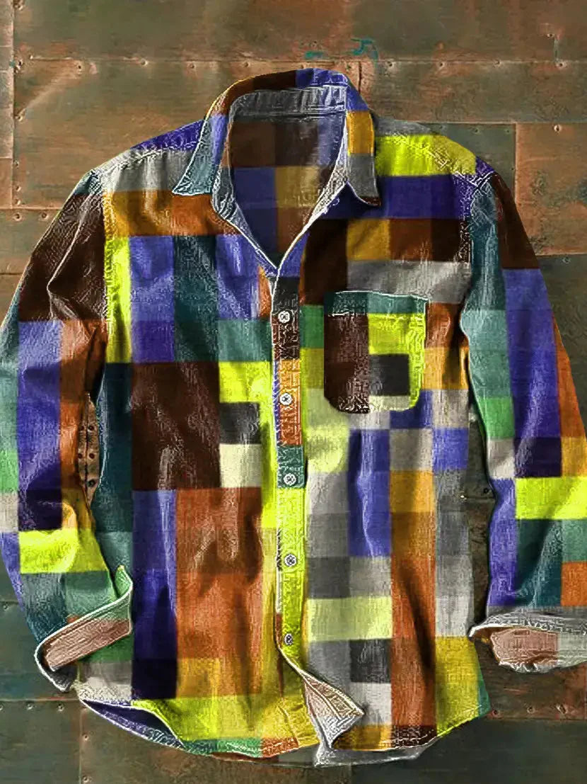 Langarmhemd mit Patchwork-Muster und lockerem Schnitt für Herren in Gelb - Ansicht 4
