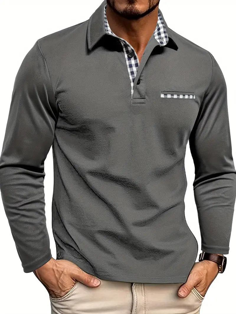 Langarmhemd aus Baumwollmix mit karierten Polo-Details für Herren in Grau