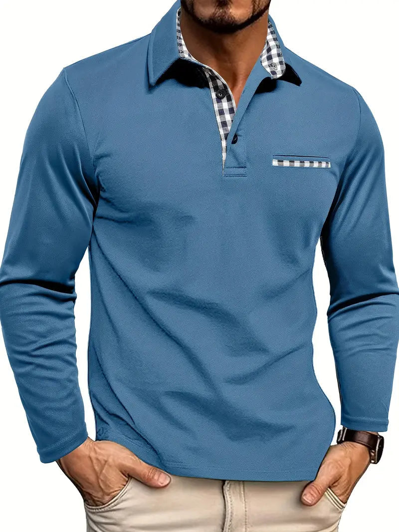 Langarmhemd aus Baumwollmix mit karierten Polo-Details für Herren in Hellblau - Ansicht 4