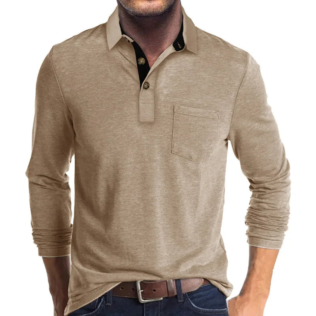 Langarmhemd mit Polokragen und kurzer Knopfleiste für Herren in Khaki - Ansicht 9