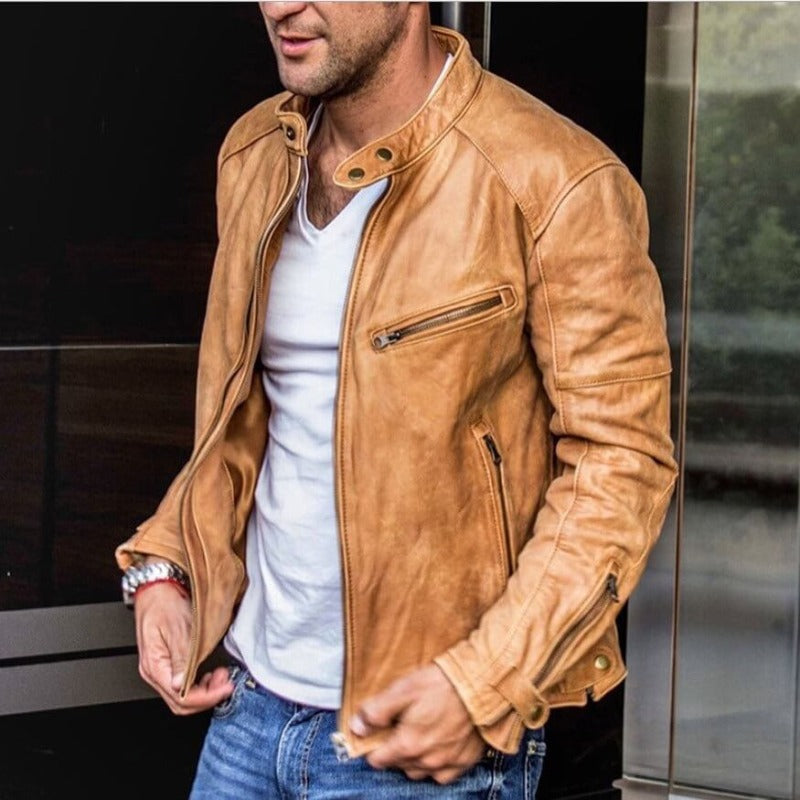 Lederjacke mit Stehkragen und Reißverschlusstaschen für Herren in Hellbraun