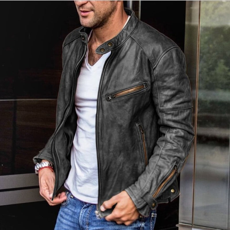 Lederjacke mit Stehkragen und Reißverschlusstaschen für Herren in Schwarz - Ansicht 2