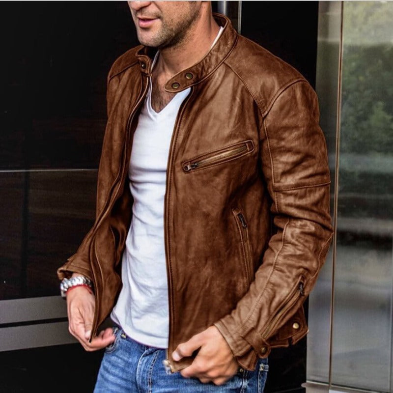 Lederjacke mit Stehkragen und Reißverschlusstaschen für Herren in Braun - Ansicht 3