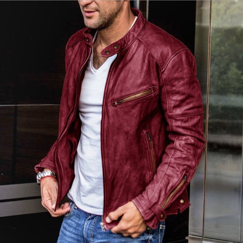 Lederjacke mit Stehkragen und Reißverschlusstaschen für Herren in Rot - Ansicht 4