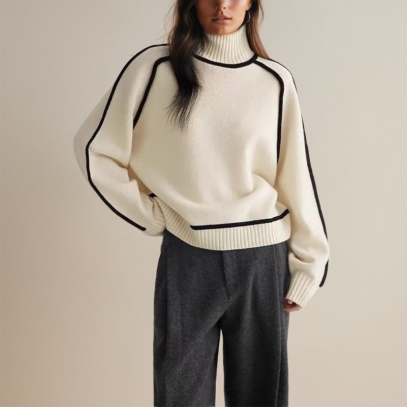 Damen Feinstrick-Rollkragenpullover mit Kontraststreifen in Creme