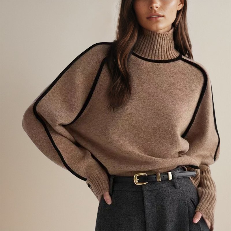 Damen Feinstrick-Rollkragenpullover mit Kontraststreifen in Braun