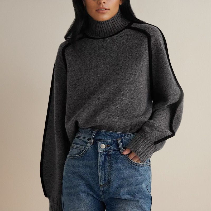 Damen Feinstrick-Rollkragenpullover mit Kontraststreifen in Dunkelgrau