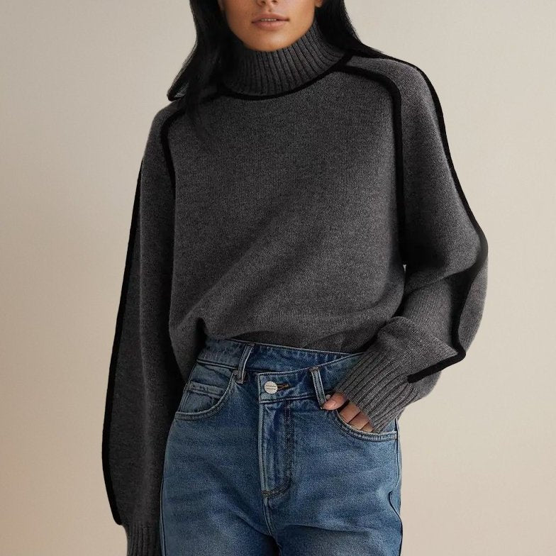 Bayer Modehaus - Damen Rollkragenpullover mit Kontraststreifen, Feinstrick in Dunkelgrau