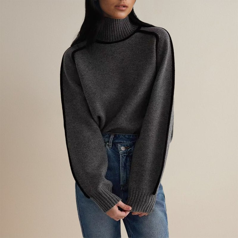 Damen Feinstrick-Rollkragenpullover mit Kontraststreifen in Dunkelgrau