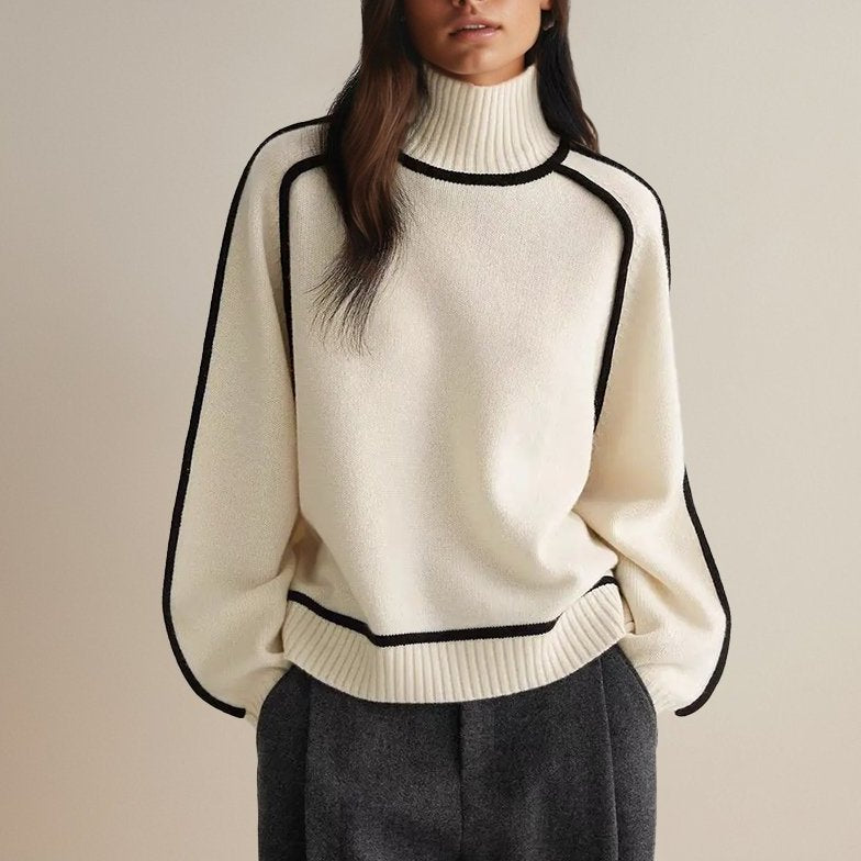 Bayer Modehaus - Damen Rollkragenpullover mit Kontraststreifen, Feinstrick in Creme