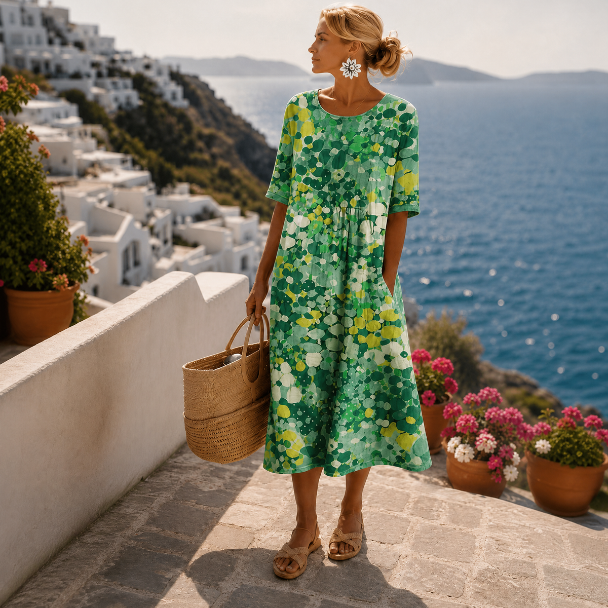 Sommerkleid Damen Midikleid Blumenmuster mit Taschen