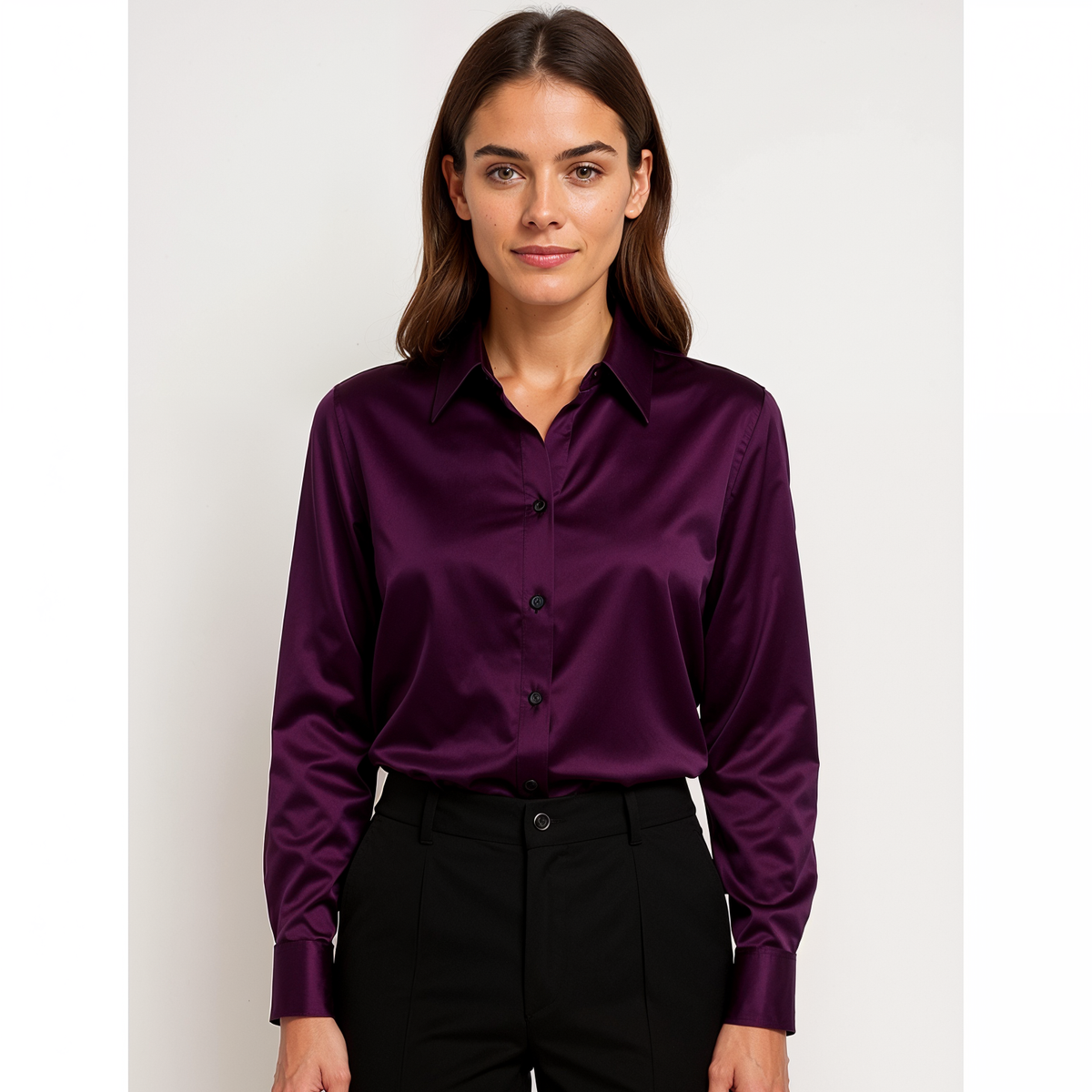 Hemdbluse Damen aus Satin Langarm mit Knopfleiste und Manschetten