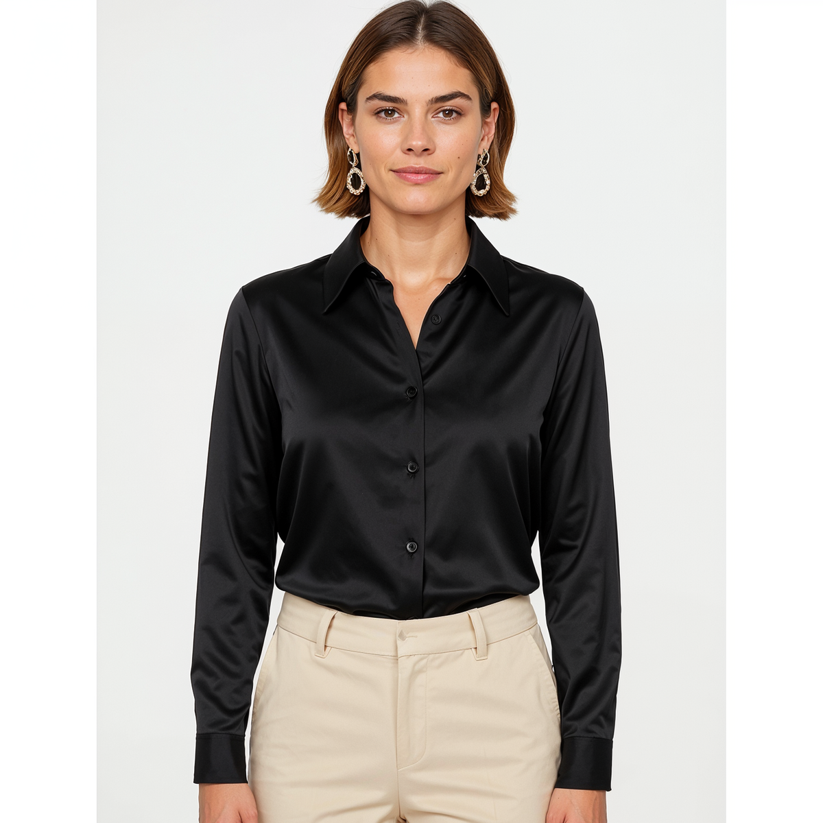 Hemdbluse Damen aus Satin Langarm mit Knopfleiste und Manschetten