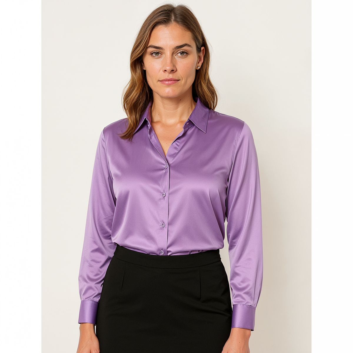 Hemdbluse Damen aus Satin Langarm mit Knopfleiste und Manschetten