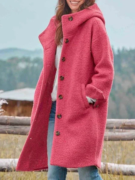 Fleecemantel mit Kapuze und Knopffront für Damen in Rosa