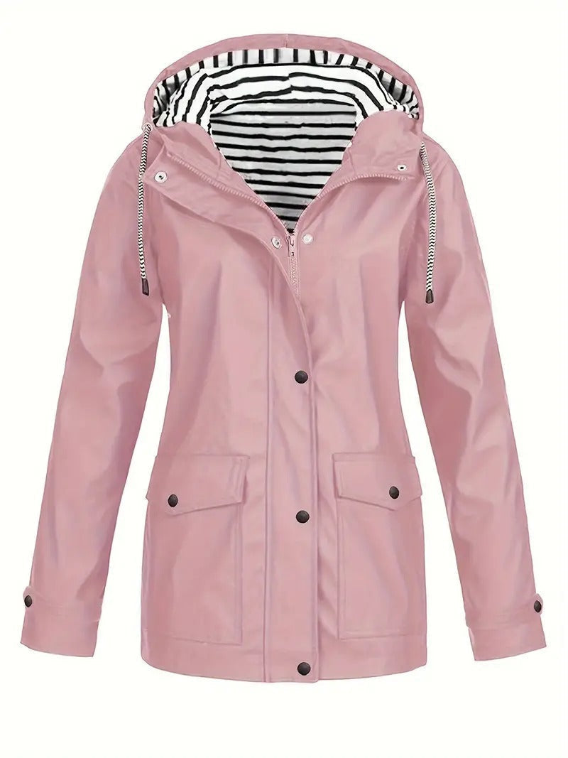 Mantel mit Kapuze, Streifenrand und Reißverschluss für Damen in Rosa
