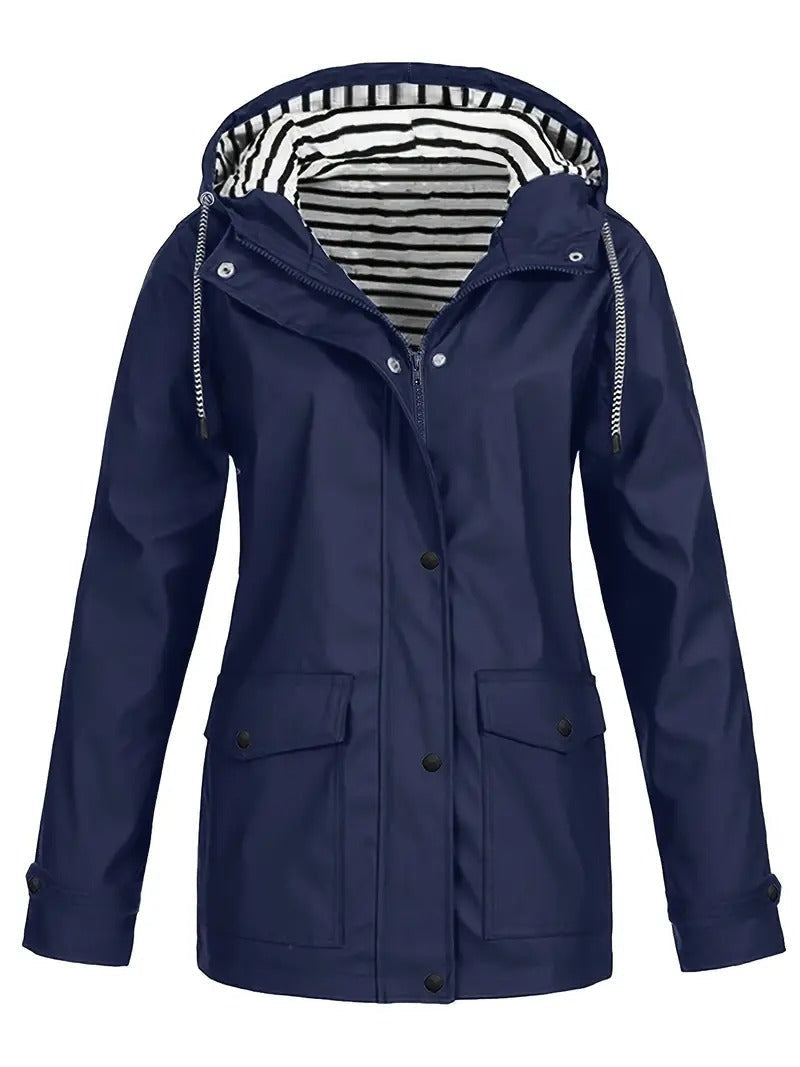 Mantel mit Kapuze, Streifenrand und Reißverschluss für Damen in Marineblau - Ansicht 4
