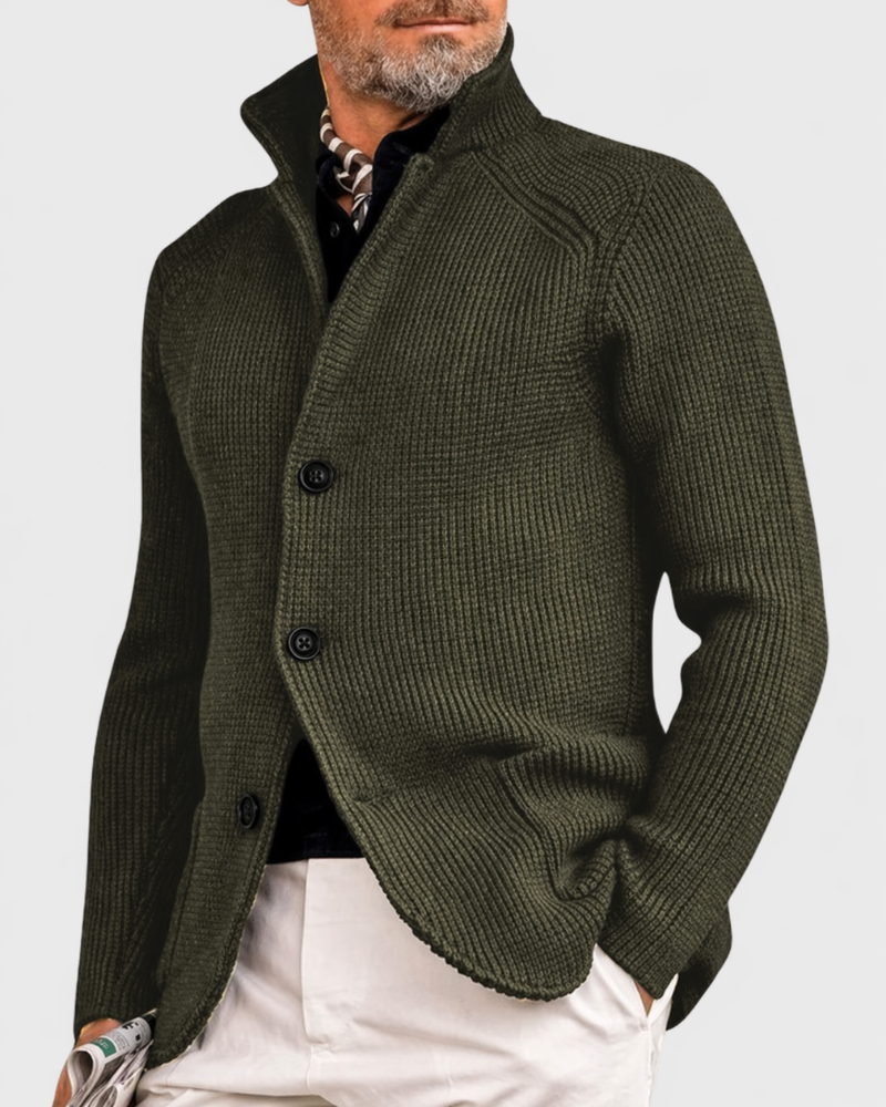 Strickjacke mit hohem Kragen und Knopffront für Herren in Olivgrün
