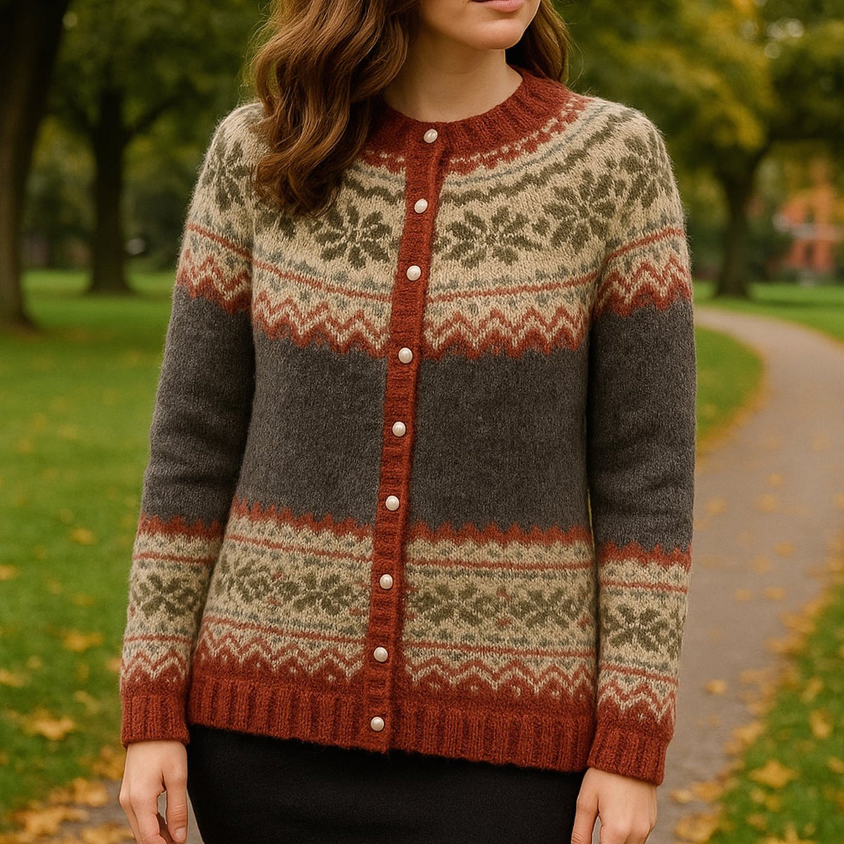 Norweger Strickjacke mit Rundhals und Knopfleiste für Damen in Grau