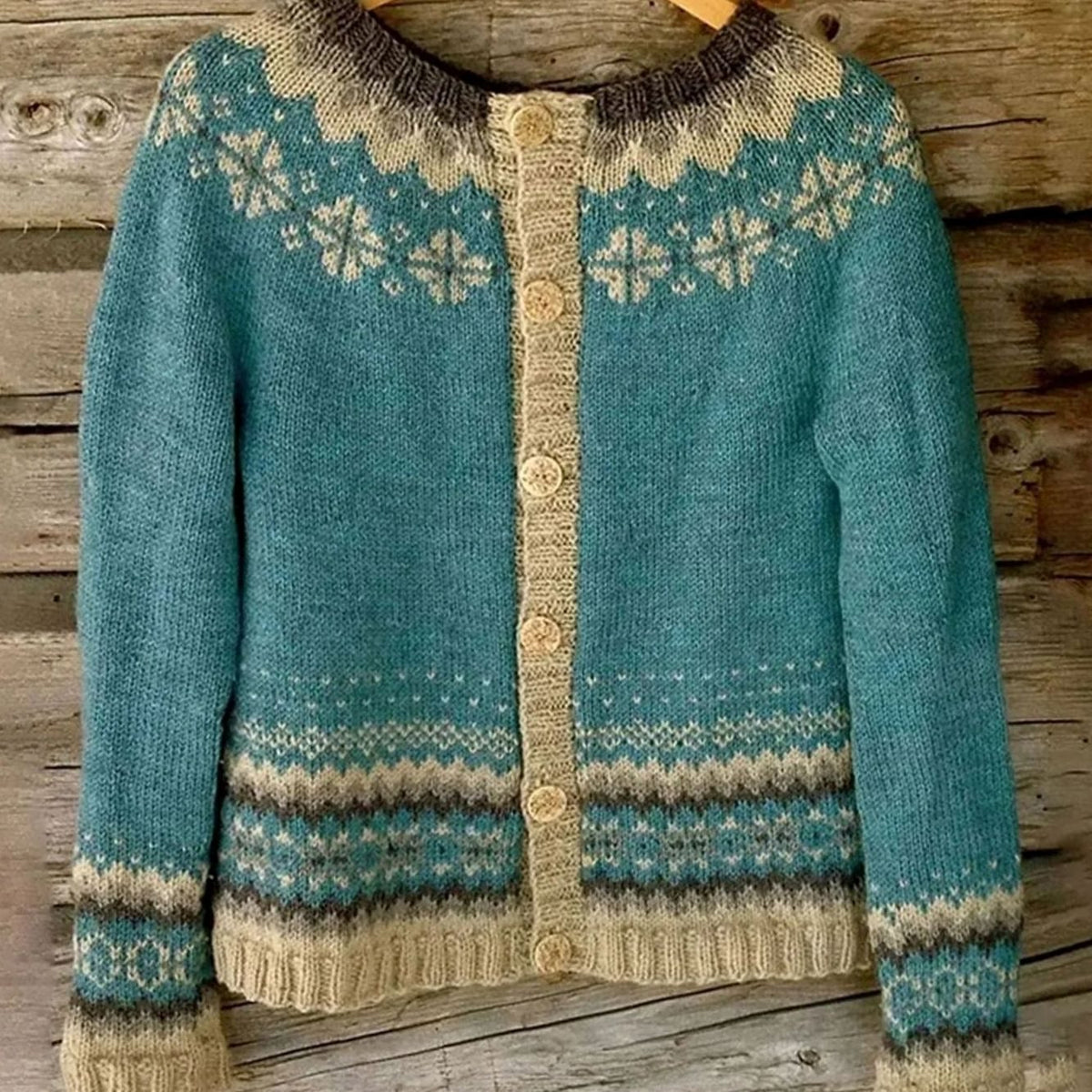 Norweger Strickjacke mit Rundhals und Knopfleiste für Damen in Blau - Ansicht 4