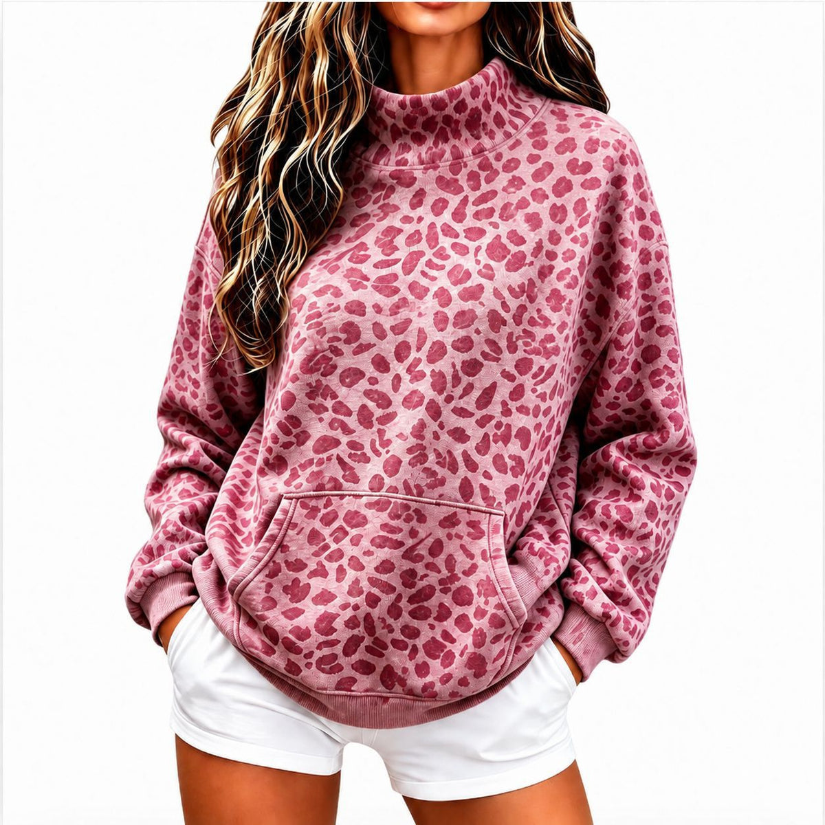 Sweatshirt mit Leopardenmuster und Stehkragen für Damen in Rosarot - Ansicht 4