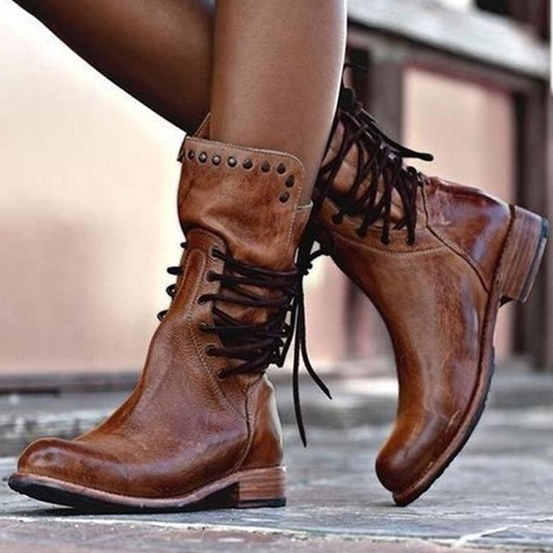 Stiefeletten Damen mit Schnürung, Nieten, Blockabsatz und Lederoptik