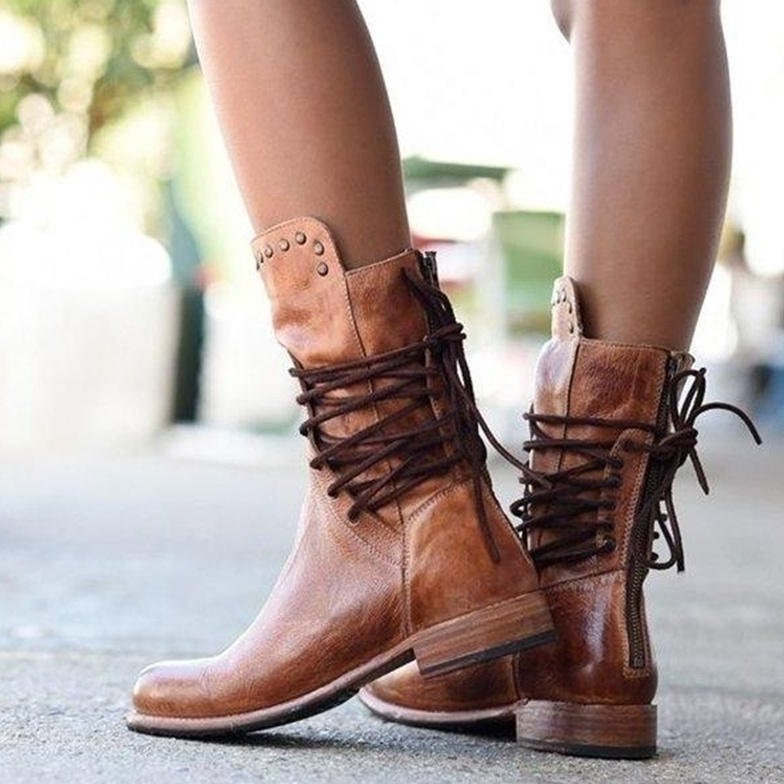 Stiefeletten Damen mit Schnürung, Nieten, Blockabsatz und Lederoptik
