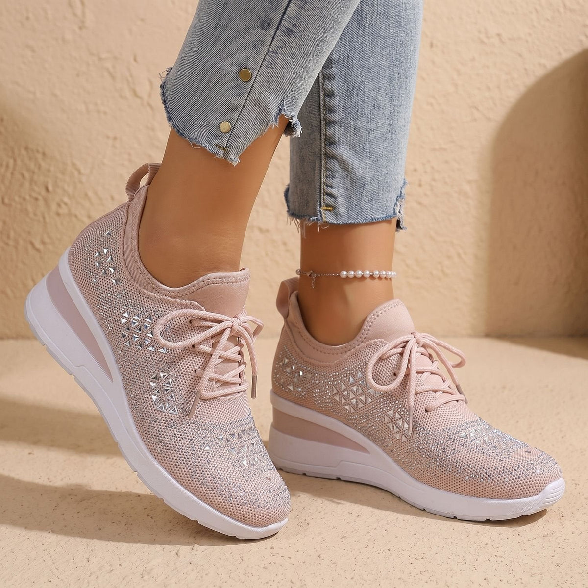 Orthopädische Schuhe Damen aus Strick, atmungsaktiv mit Strass