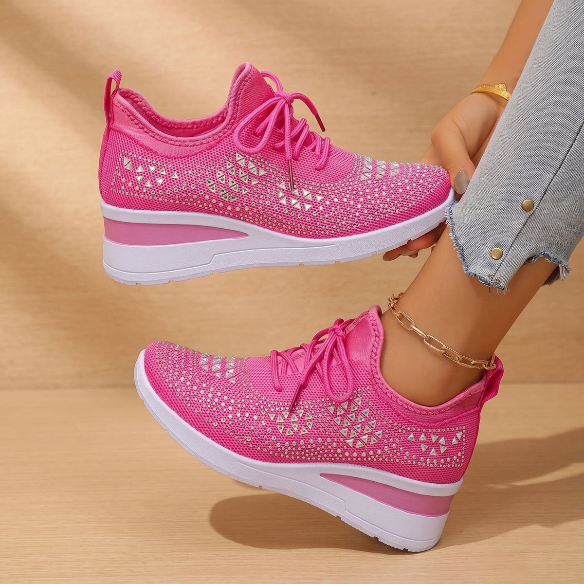 Orthopädische Schuhe Damen aus Strick, atmungsaktiv mit Strass
