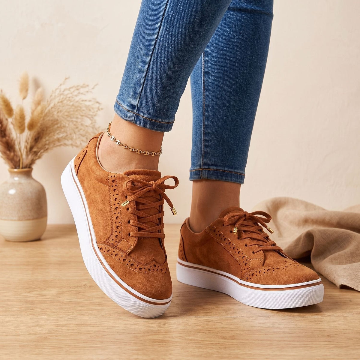Orthopädische Schuhe Damen mit Schnürung, Plateau-Sneaker mit Lochmuster