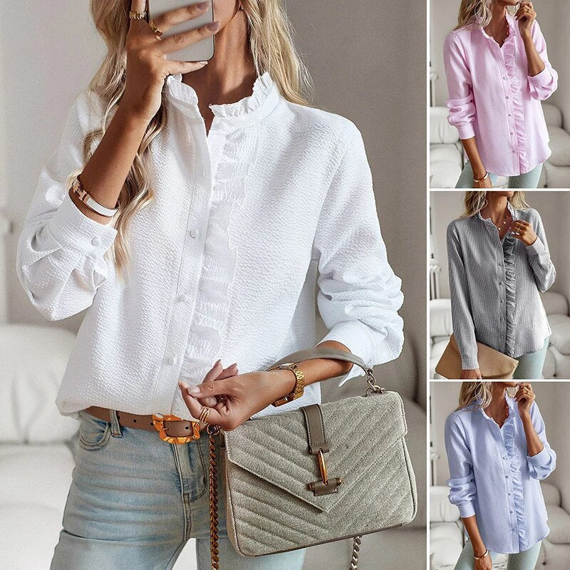 Damen Bluse mit Rüschenkragen und Knopfleiste, langarm, Ansicht 9