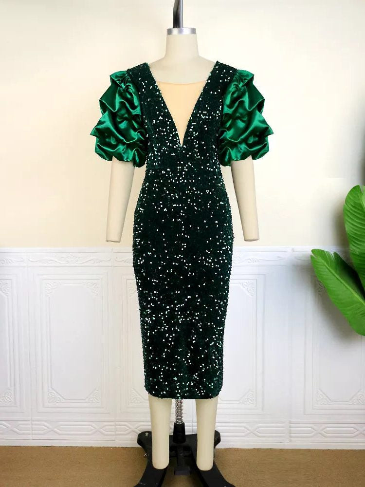 Pailletten Kleid mit Puffärmeln in Midilänge für Damen