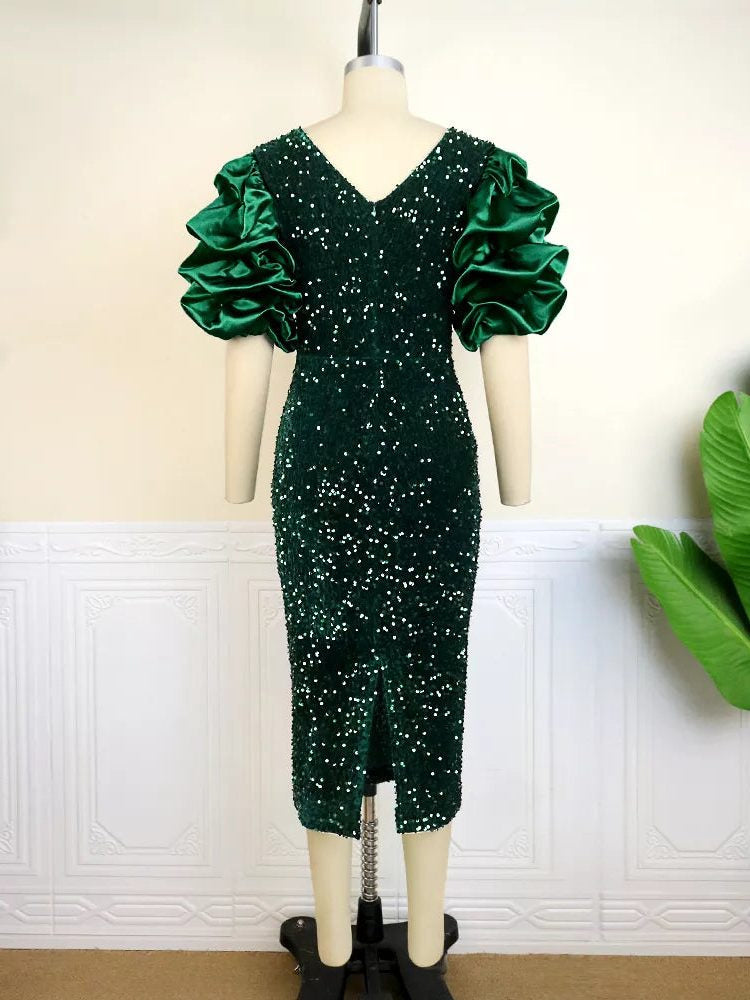 Pailletten Kleid mit Puffärmeln in Midilänge für Damen
